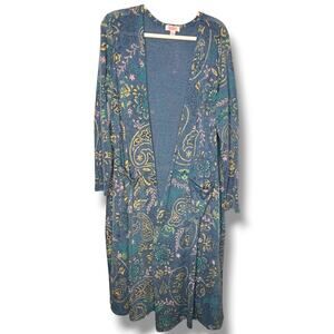 LulaRoe Sarah Elegant Teal Gold Floral Open Duster Cardigan